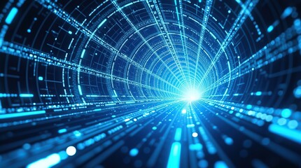 Obraz premium A futuristic digital cyberspace tunnel with a sweeping, curve abstract background, dominated by a rich, electric blue hue that seems to pulse with energy.