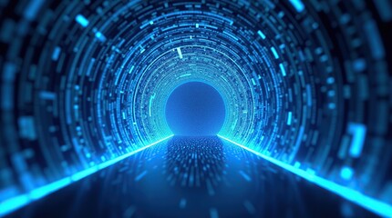 A futuristic digital cyberspace tunnel with a sweeping, curve abstract background, dominated by a rich, electric blue hue that seems to pulse with energy.