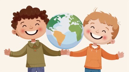 Fototapeta premium Children holding a globe, promoting friendship and unity, celebrating diversity and environmental awareness in a playful illustration