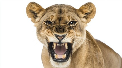 Naklejka premium Fierce Lioness Displaying Powerful Roar in Captivating Portrait