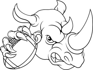 A Rhino Rhinoceros mean tough cartoon sports animal mascot holding an American football ball
