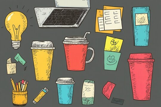 Hand drawn illustration showcasing coffee cups, stationery, and a laptop, highlighting essentials for a creative and productive workspace