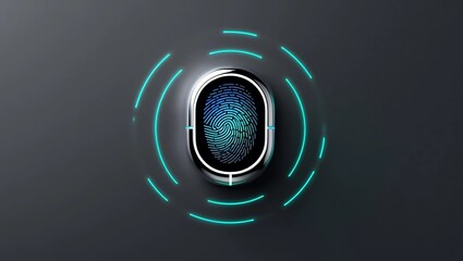 Minimalist futuristic digital interface with glowing fingerprint scan, circular scanner with dynamic data rings on dark background  

