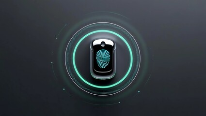 Minimalist futuristic digital interface with glowing fingerprint scan, circular scanner with dynamic data rings on dark background  

