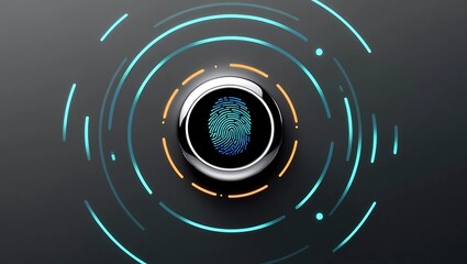 Minimalist futuristic digital interface with glowing fingerprint scan, circular scanner with dynamic data rings on dark background  

