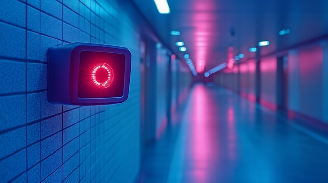 Futuristic surveillance camera in neon lit underground hallway