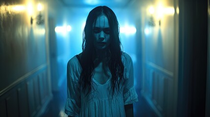 A woman with creepy smile in the dark corridor of a house, blue nightmare, horror, dark ambient.