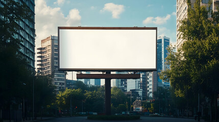 Fototapeta premium Photo: Blank Billboard, City Street, Buildings, Trees, Sky, Clouds, Architecture, Advertising, Urban Landscape, Commercial