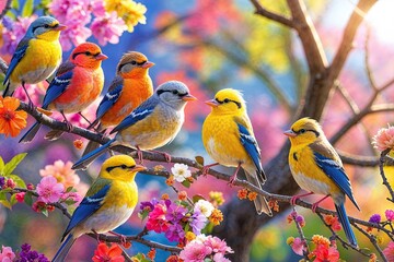 Fototapeta premium A Vibrant Gathering of Cheerful Birds Bantering on Colorful Branches Under Spring Sunlight