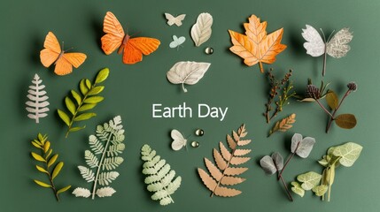 Earth Day Background Butterflies and Green Leaves Design for Earth Day Celebration with Various Natural Elements and Text Emphasizing Environmental Awareness