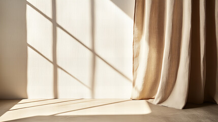 Beige curtains with soft light and shadow play in a minimalistic interior design, featuring natural textures, cozy ambiance, and a serene atmosphere for modern home decor and creative projects.