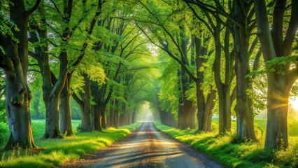 Naklejka premium Serene Pathway Through a Lush Canopy of Vibrant Green Trees on a Sunny Morning
