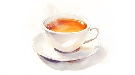 Watercolor painting shows a steaming cup of tea on saucer
