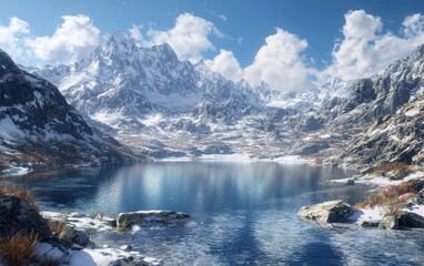 Obraz premium Crystal-clear alpine lake surrounded by snowy peaks, high-contrast professional edit
