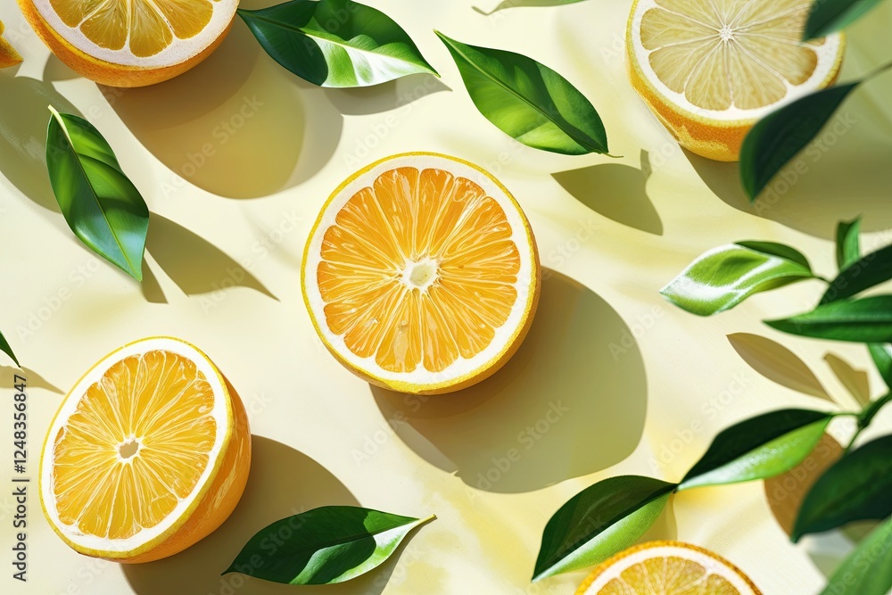 Poster bright citrus background with gentle leaf shadows on light surface for dynamic presentations