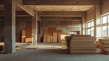 Concrete building interior with stacked plywood sheets
