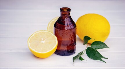 lemon oil in jars, fresh lemon. Selective focus. Nature