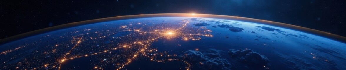 Fototapeta premium Satellite in Earth's orbit, showcasing city lights at night , city, atmosphere, dark