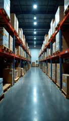 Fototapeta premium Modern warehouse, bright lighting, organized storage, logistics, light, inventory