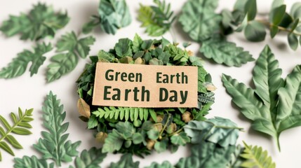 Eco-friendly message for Earth Day with textured green leaves and a natural cardboard sign depicting a sustainable call to action for environmental awareness