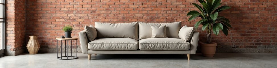 Exposed brick wall, metal accents, simple sofa , area, metal, floor