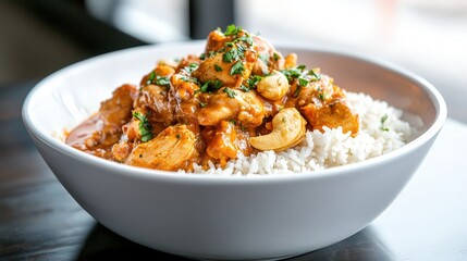 Bowl of thai chicken and cashew red curry served with rice and vegetables on a wooden table