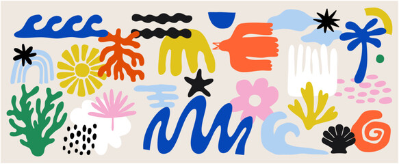 Social media banner. Colorful vector set of abstract summer doodles, organic shapes and forms. Hand drawn Matisse ocean collection.  © Lisa