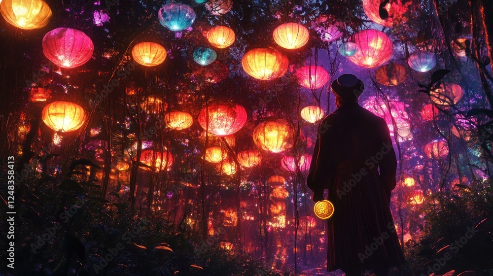 Poster a lone figure stands in an enchanted forest of glowing lanterns