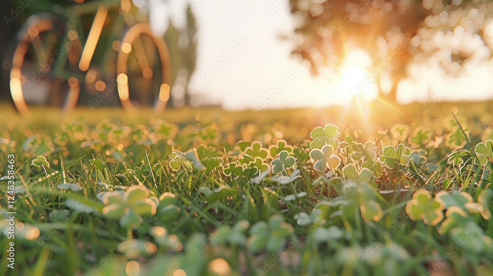 Aufkleber sunlight glimmers on fresh green clover in a tranquil meadow with a bicycle in the background during