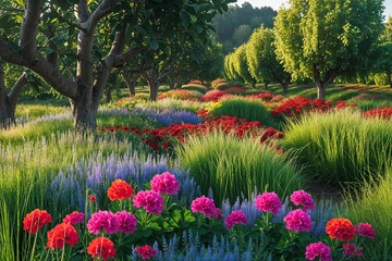 Fototapeta premium Lush Summer Landscape of Tall Grass Dazzling Geraniums and Flourishing Orchard Trees