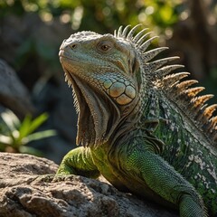 Fototapeta premium Close-up of a green iguana, head and shoulders, looking to the right. macro photo of iguana with blur background A close-up of a green lizard resting on a rock surrounded by foliage.