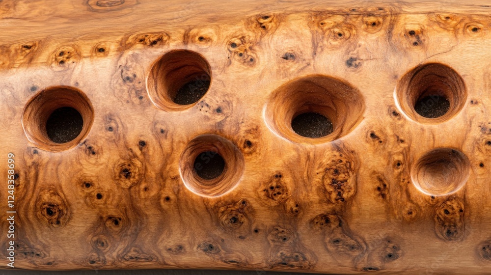 Poster carved wooden object with multiple circular holes