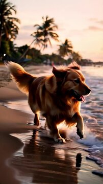 golden retriever running joyfully along a sunlit beach