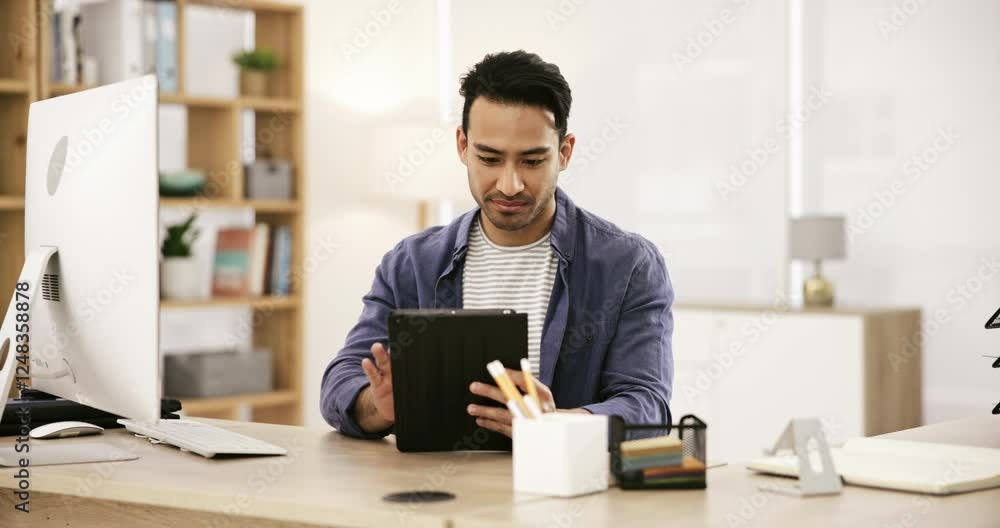 Poster smile, happy man at desk with computer and tablet for research for online article, review or feedbac