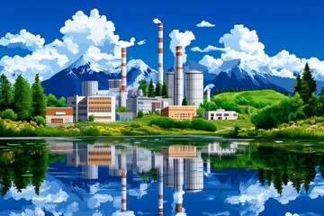  A factory releasing smoke from pipes, industrial waste entering water bodies. Generative AI