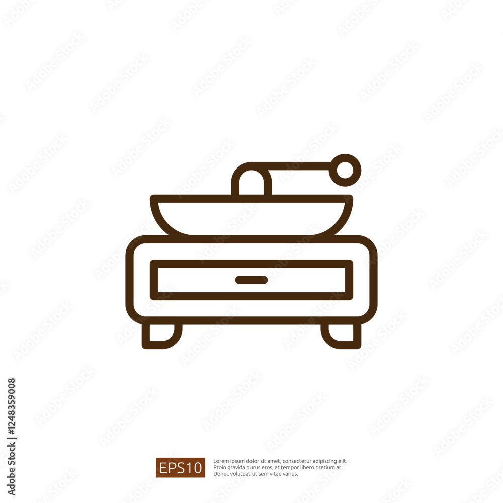 Poster simple line icon of a coffee cup and saucer with a spoon on top placed on a stylish wooden table, re