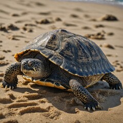 Obraz premium turtle on the sand turtle in the jungle walking Close-up View of a Striking Yellow-margined Box Turtle on Sandy GroundA wise old turtle sunbathing on a rock.