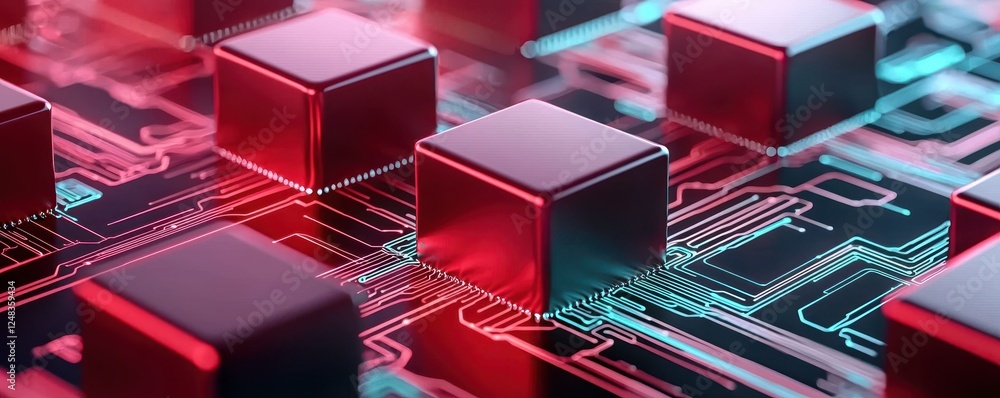 Aufkleber A close-up view of a circuit board featuring glowing red and blue elements and cube-shaped components, illustrating modern technology and digital design.