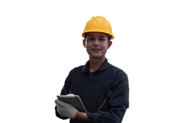 Asian male worker standing working with digital tablet on transparent background. Male engineer standing with crossed arms on transparent background