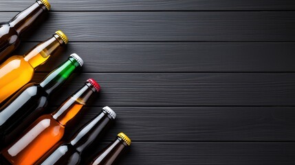 Top view of assorted beer bottles arranged on a rustic wooden table with various beer styles and colors