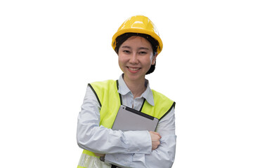 Asian woman worker working with digital tablet on transparent background. Female worker using digital tablet on transparent background