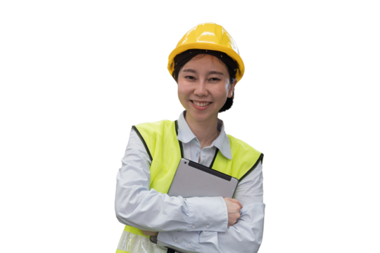 Asian woman worker working with digital tablet on transparent background. Female worker using digital tablet on transparent background