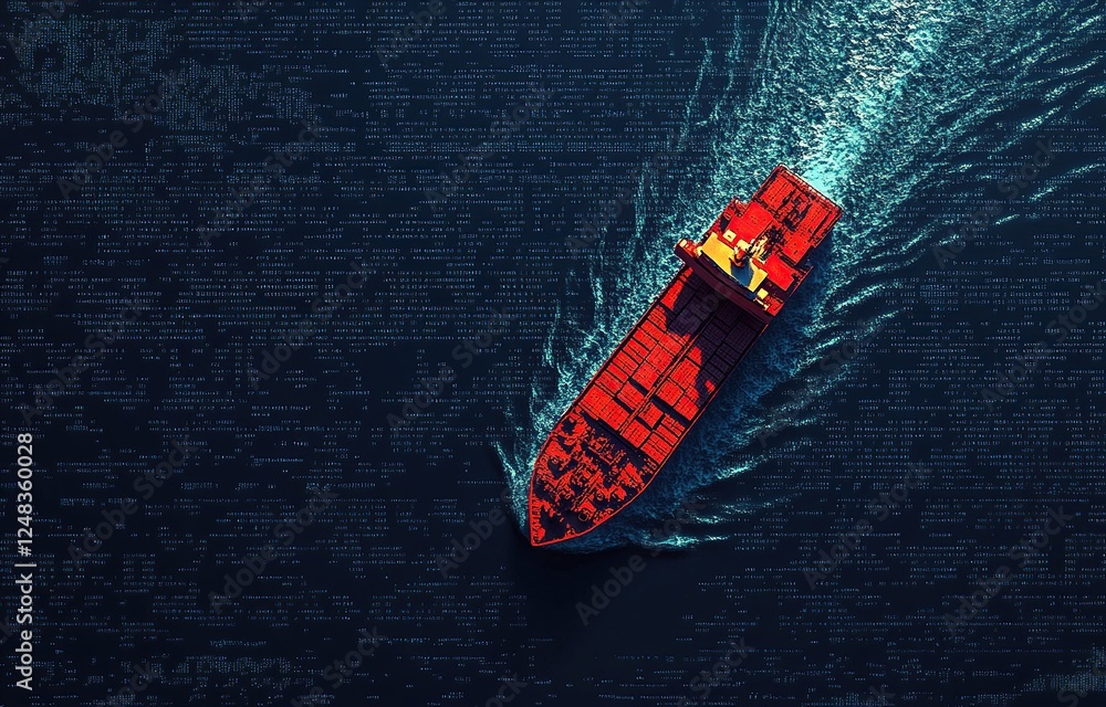 Poster cargo ship navigates digital ocean, global trade data streams flowing swiftly