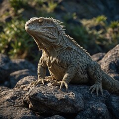 Obraz premium iguana on the rock Close-up of a light gray lizard with dark markings, perched on brown earth. A close-up of a green lizard resting on a rock surrounded by foliage.