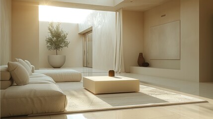 Fototapeta premium A minimalist living room with a cream, beige, and white color palette. The room features minimal furniture, including a modern sofa and a coffee table in front of it.