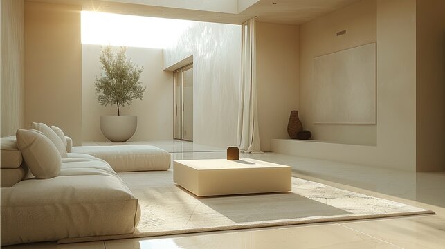 A minimalist living room with a cream, beige, and white color palette. The room features minimal furniture, including a modern sofa and a coffee table in front of it.