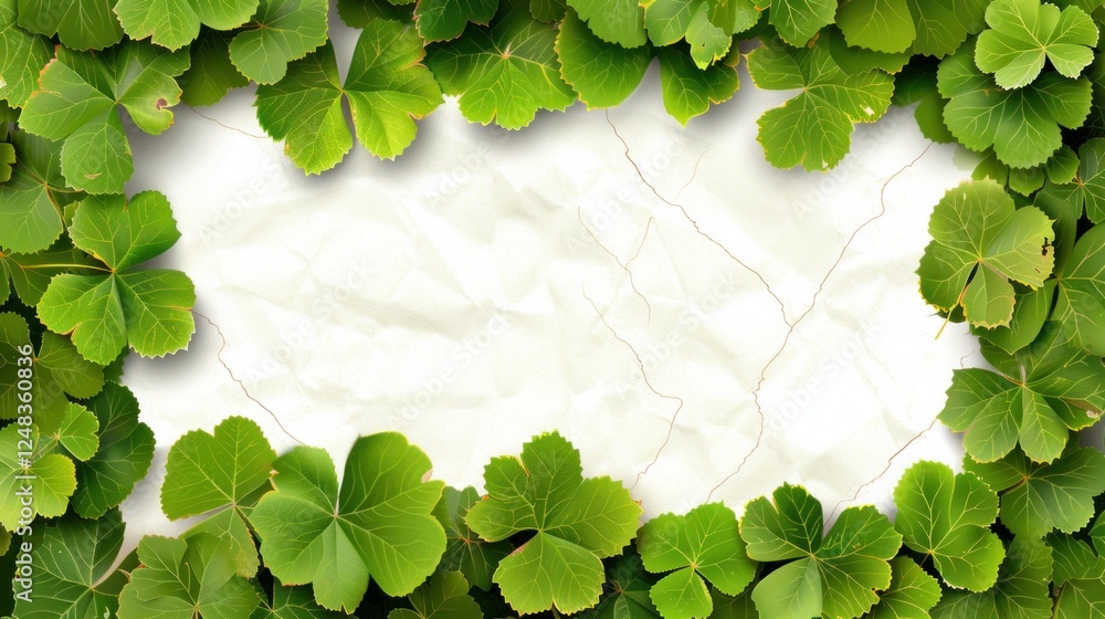 Poster green leaves border design with blank space for text on a crumpled paper background for nature-theme