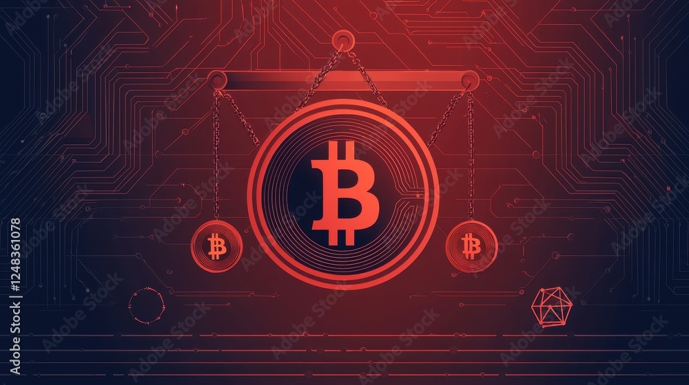 Poster a digital illustration of bitcoin, prominently featured in red hues, surrounded by circuit patterns,