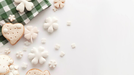 Cookies, decorative shapes, green checkered napkin, ideal for baking, dessert, or celebration-themed projects in soft light