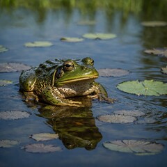 Obraz premium Life in Stages: Marsh Frog and Tadpoles in Calm Shallow Water Nature’s Feast: The Rain Whistling Frog Hunting in the Rainstorm Vibrant Environment with an Eungella Torrent Frog Leaping Across a Stream